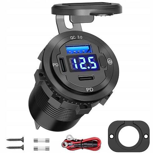 Zásuvka do auta USB QC 3.0 2 PD VOLOTMETR 12V 24V IP66 Vypínač 78W