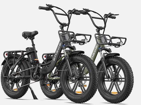 a onyx black engwe l20 and a avocado green engwe l20 electric bikes