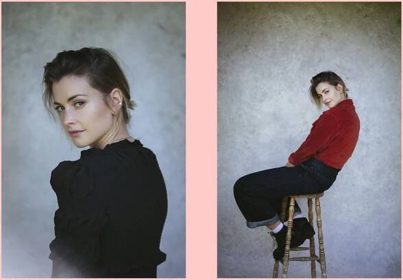 Two images of Stefanie Martini against a pink background