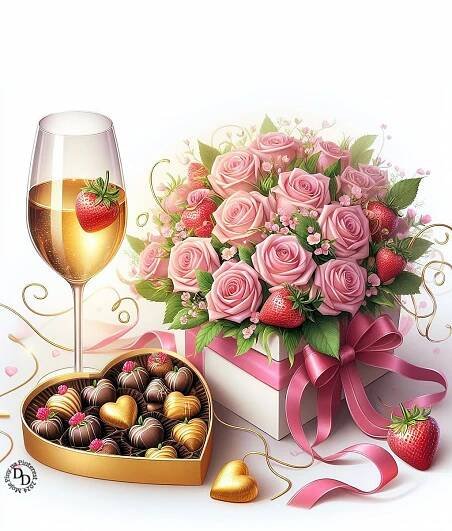 Regali di festa: rosa rosa e cioccolatini in una scatola con un bicchiere di vino accanto
