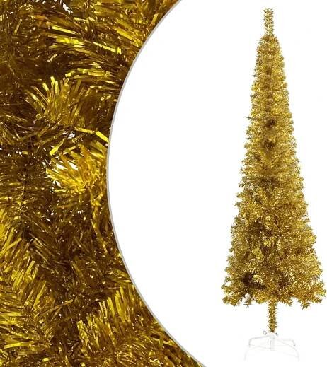 Úzký vánoční stromek s LED diodami a sadou koulí zlatý 180 cm - Český market
