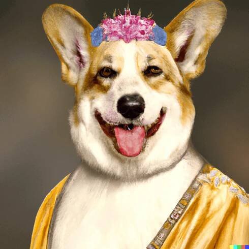 Examples of art created with Dall e, Queen Elisabeth as a Corgi