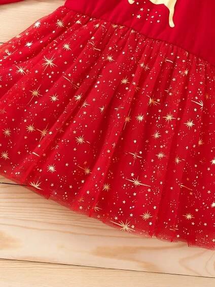 batole děvčata vánoční večírek maškarní oblečení   zlatý potisk s písmeny zářící hvězdy grafická síťovina tutu dress set Podrobnosti o produktu 2