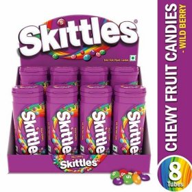 Skittles Bite-Size Fruit Candies Tube, Wild Berry PET Bottle, 268 g with Skittles Tubes, Pack of 8