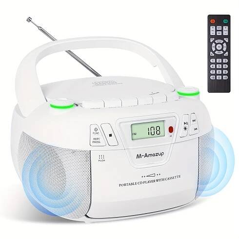 portable cd cassette boombox with like infrared remote dual stereo speakers lcd display usb cd aux radio player am fm tuner earphone jack retro boombox for home car bedside compatible with tvs camcorders