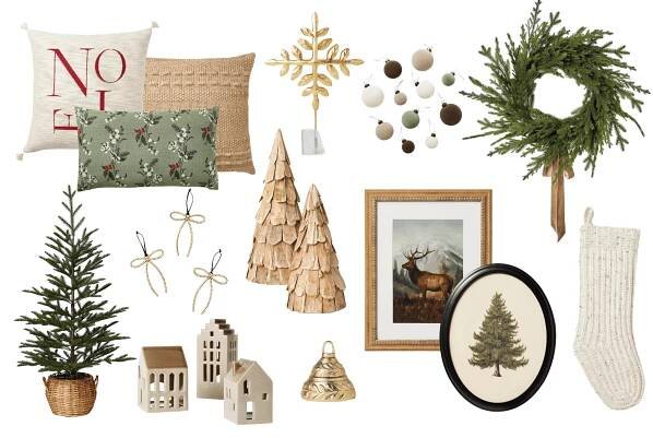 A collage of Christmas-themed decor from the Studio McGee Target Christmas Collection includes various pillows, decorative trees, ornaments, a wreath, wall art, a knitted stocking, metallic bells, mini wooden houses, and bow ornaments. The items have a rustic and festive design.