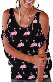 Tropical Pink Flamingo White Floral Wreath Cold Shoulder Blouse Tops Loose O-Neck Short Sleeve Tee Shirts Summer Tunic