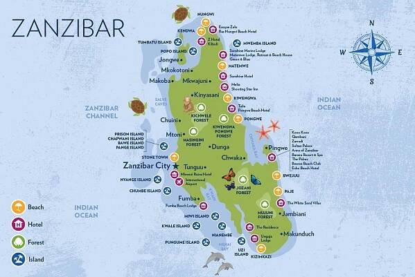 Mapa Zanzibaru podrobná