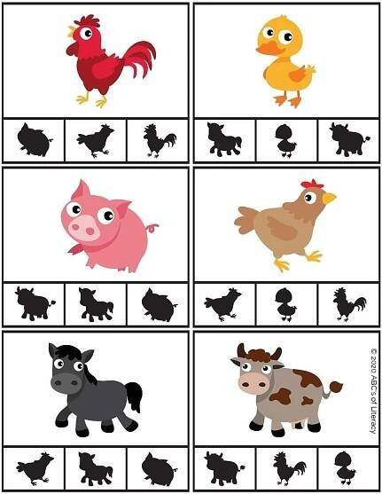 the farm animals and their shadows are shown in this printable worksheet for preschool