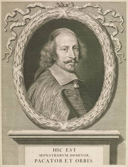 Portrait of Cardinal Jules Mazarin depicted within an oval wreath placed above a mantle. He wears a cap and tassels hang from beneath his wide collar.