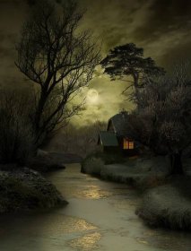 Měsíčná noc v zimě na břehu řeky