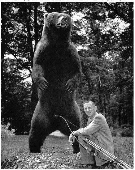 Fred Bear beside a standing full body mount of a brown bear.