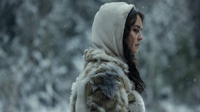 A young woman in a furry coat walks through snowy woods.