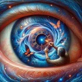 Imagine an up-close painting of a human eye with surreal elements ...