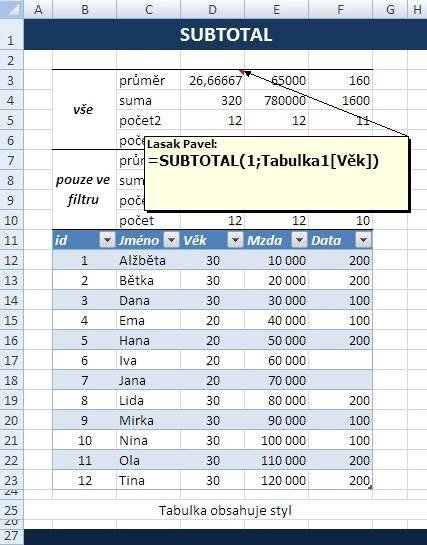 MS Excel 2010 - SUBTOTAL - Styly tabulky