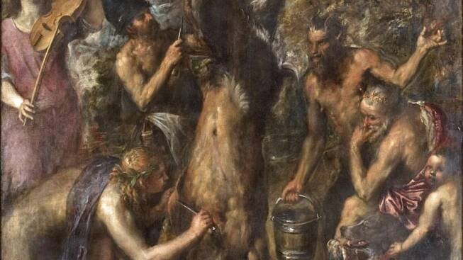 Pozdní mistrovské plátno Apollo a Marsyas o potrestání pyšného satyra. Obraz byl možná inspirován stejně krutým trestem,  který vykonali Turci v roce 1571 nad velitelem benátské pevnosti na Kypru