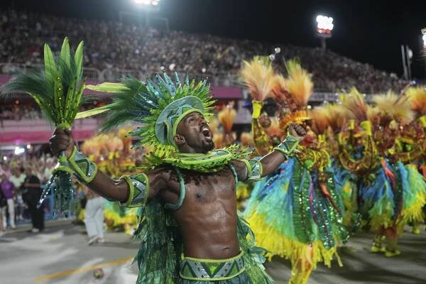 Performers from the Viradouro samba school parading during the Brazil Carnival at the Sambadrome in Rio de Janeiro, 2025