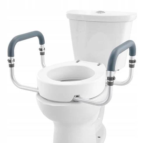 Obrázek produktu pro SucceBuy zvedák záchodového prkénka, výška 8,9 cm, nosnost 136 kg, hliníková madla s EVA polstrováním, pro seniory, zdravotně postižené, těhotné ženy, pro lékařské účely, standardní kulaté WC, bílý