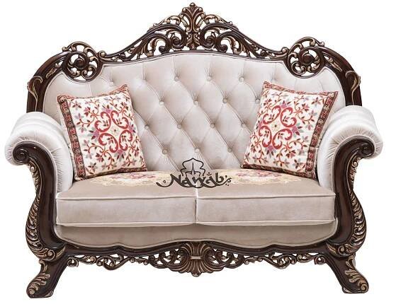 Solid teak wood customised carving walnut shaded pu polish velvet upholstery plain velvet w embroidery cushion centre table glass top with customised artwork
