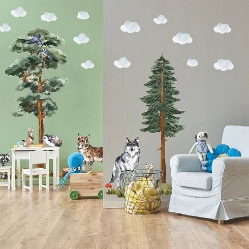 VELKÉ samolepky na zeď pro děti LESNÍ ZVÍŘATA LESNÍ STROMY - 100 cm x 260 cm Stav balení originální