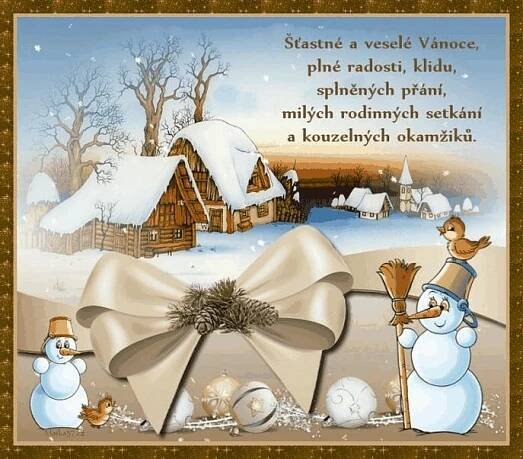 two snowmen are standing in front of a snowy scene with a house and trees