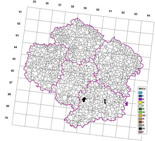 Záznamy z let 2001 - 2017 v jednotlivých katastrálních územích v Kraji Vysočina.
