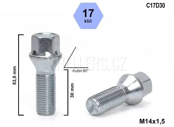 Šroubek na kolo Kolový šroub M14x1,5x30 kužel, klíč 17, C17D30, výška 53,5 mm