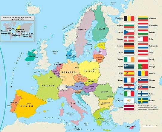 Státy EU 2025 Mapa Evropské unie (Členské státy)