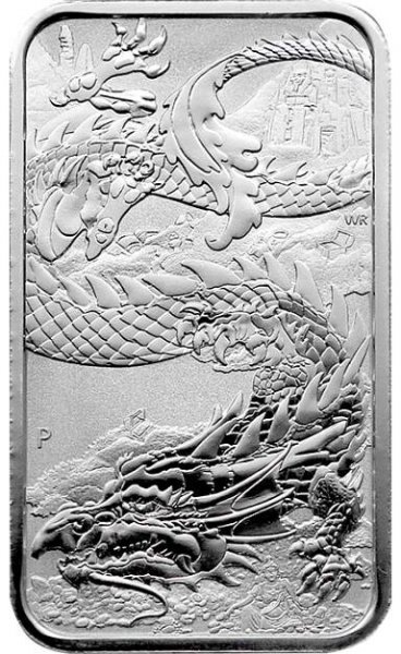 Přední strana Stříbrná investiční mince Rectangular Dragon 1 Oz 2023