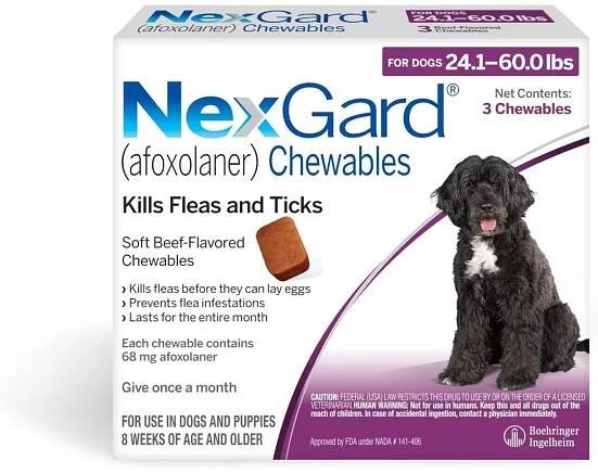 NexGard Chewables for Dogs, 24.1-60 lbs, (Purple Box), 6 Chewable Tablets (6-mos. supply)