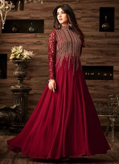 Sonal Chauhan Maroon Net Abaya Style Anarkali Suit Party Wear