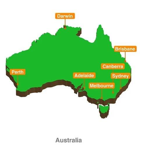 3D vektorová ilustrace grafická zelená barva zeměpisná mapa Austrálie s největšími zobrazenými městy — Ilustrace