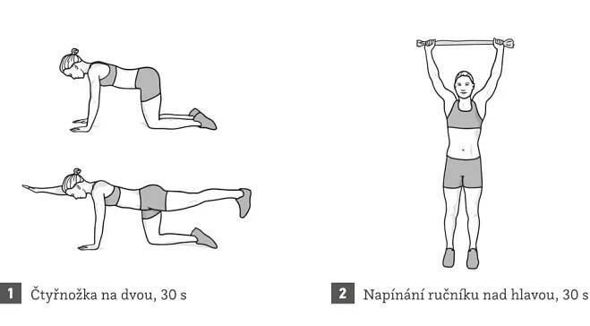 1. cvik= čtyřnožka na dvou končetinách, 2. cvik= napínání ručníku nad hlavou