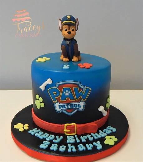 Paw Patrol cake with edible Chase | Paw patrol birthday party cake, Paw patrol cake, Paw patrol party cake