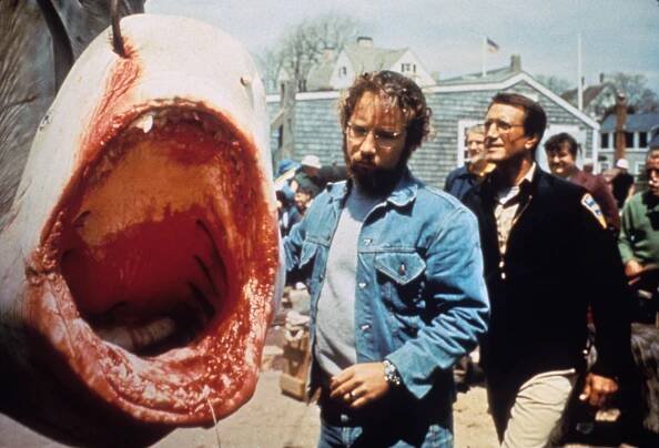 Richard Dreyfuss and Roy Scheider on the set of Jaws, examining a mechanical shark.