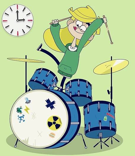 A cartoon of a girl playing drums. A clock is in the background to show time.