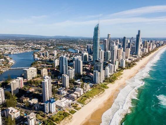 Aerial view of beach in Gold Coast in partly cloudy weather