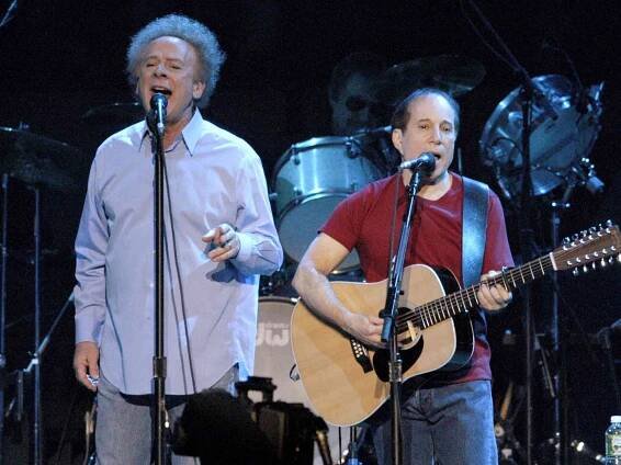 Art Garfunkel and Paul Simon of Simon & Garfunkel during Simon and Garfunkel "Old Friends Tour 2003"
