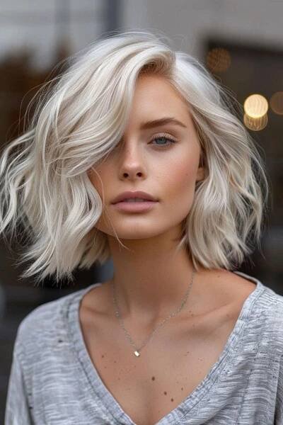 Sporting platinum blonde shades, this wavy bob offers a striking, high-contrast look that stands out. It’s a bold choice for those looking to make a significant impact with their hairstyle. 