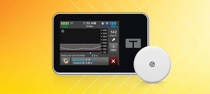 The Abbott Freestyle Libre 2 Plus sensor and Tandem t:slim X2 insulin pump are shown.
