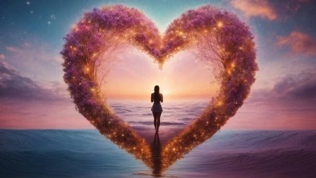woman standing in the middle of a universal love glowing heart