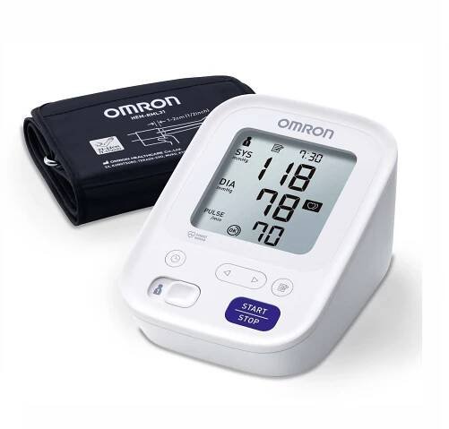 Digitální tlakoměr Omron M3 EASY na paži pro přesné měření krevního tlaku, velký 3-řádkový displej.