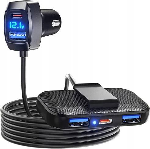 ROZDĚLOVAČ ZÁSUVKY ZAPALOVAČE 12-24V 3USB 2Type-C Rozbočovač Nabíječka