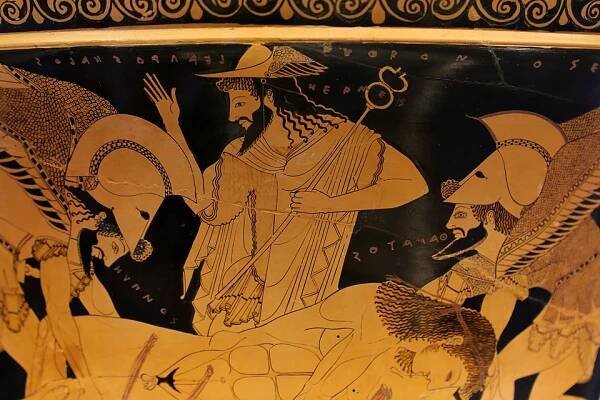 Vas ilustrând o scenă din Iliada. Hermes asistă ridicarea trupului lui Sarpedon de către Hypnos și Thanatos. (Muzeul Arheologic din Cerveteri)