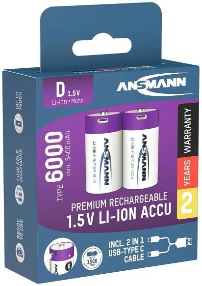 Ansmann LR20 USB-C akumulátor velké mono D Li-Ion 6000 mAh 1.5 V 2 ks : Půhy.cz