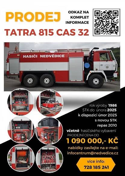 Prodáme hasičský vůz TATRA 815 CAS 32 včetně hasičského vybavení...