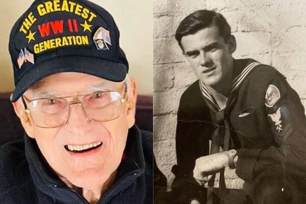 Bill Kelly in a recent photo, and in a family photo during his time in the military.
