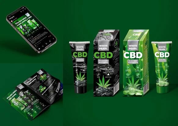 Bělící zubní pasty CBD - grafický design obalu a tuby, katalogového listu a kampaně na sociální sítě - 11/2022