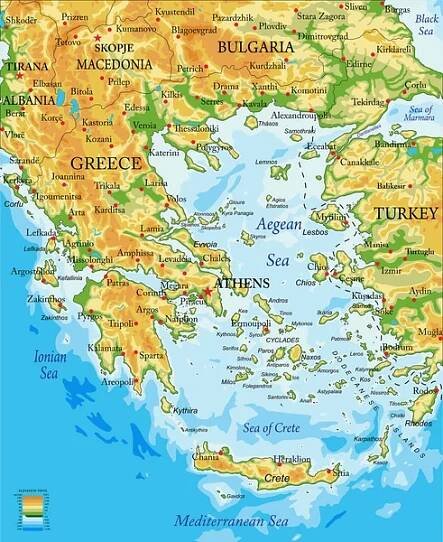 Vysoce podrobná fyzická mapa Řecka ve vektorovém formátu se všemi formami reliéfu, regiony a velkými městy. — Ilustrace