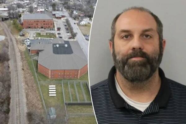 An image collage containing 2 images, Image 1 shows Aerial view of Phelps County Sheriff’s Department buildings, a street, and railroad tracks, Image 2 shows Mugshot of Carl Swanson, 41, charged with First Degree Endangering the Welfare of a Child, Serious Physical Injury